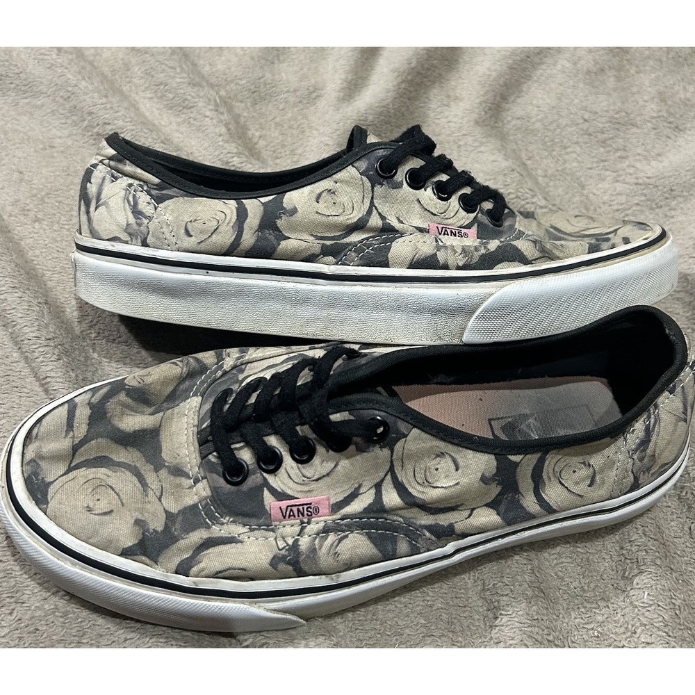 Vans Authentic Floral Rose Print Canvas Skate Shoes Womens 9.5 Mens 8 Black Grey